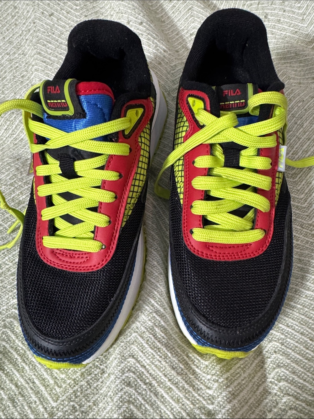 Fila Black Athletic Sneakers with Neon Yellow, Red & Blue Accents